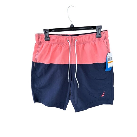 Nautica Mens Swim Trunks With Drawstring Waistband In Coral, Navy Blue Size S - Picture 1 of 8
